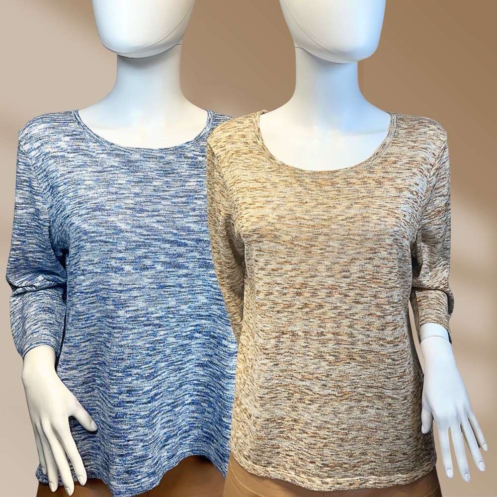 Chicos Womens Size 2 = Large Set of 2 Sparkle Sweaters One Blue One Brown Tones